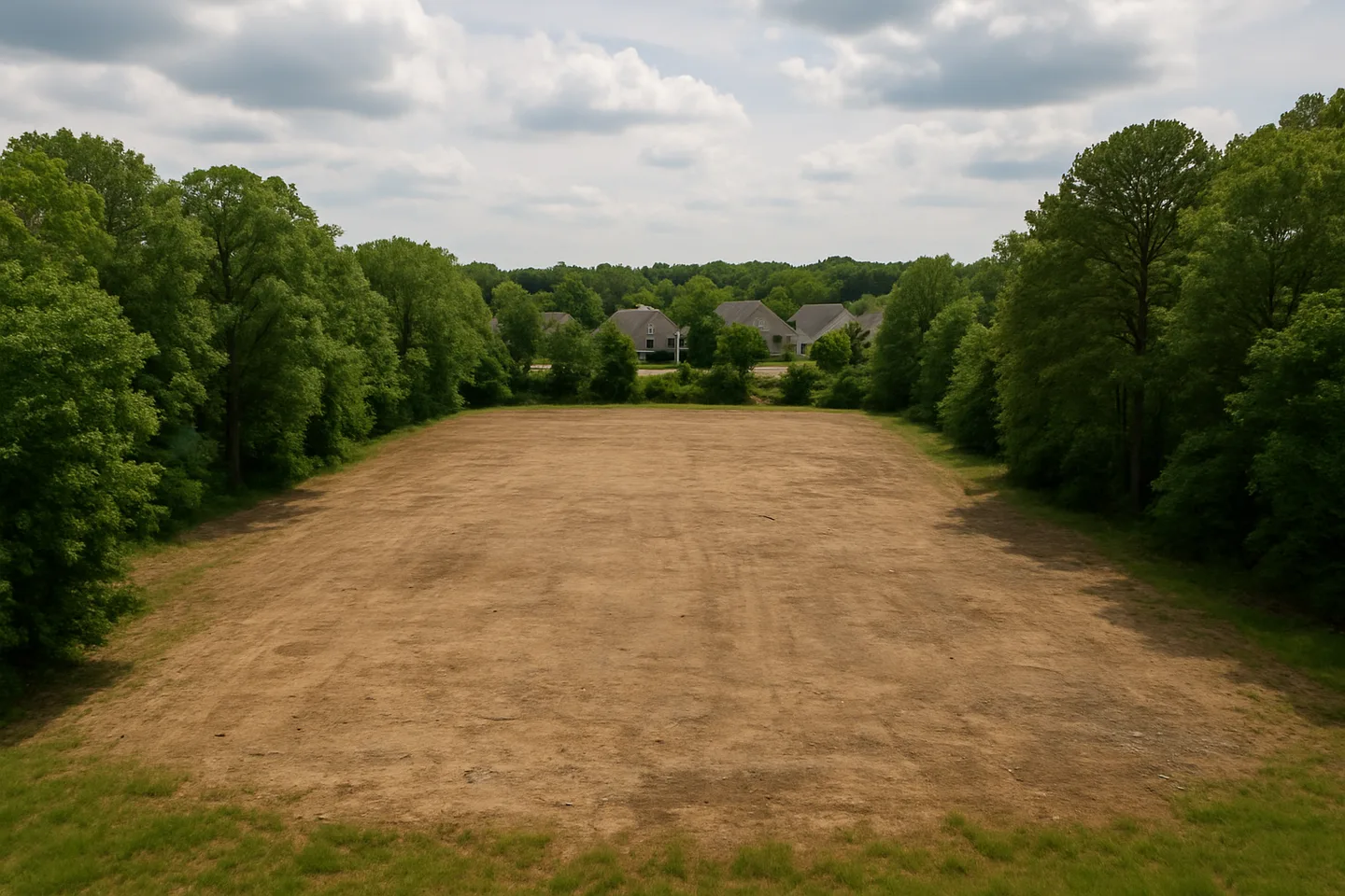 Aerial view of a cleared vacant lot bordered by trees