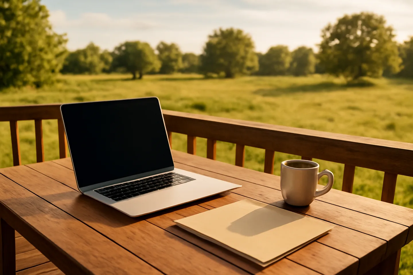 Laptop and property folder on a deck overlooking vacant land