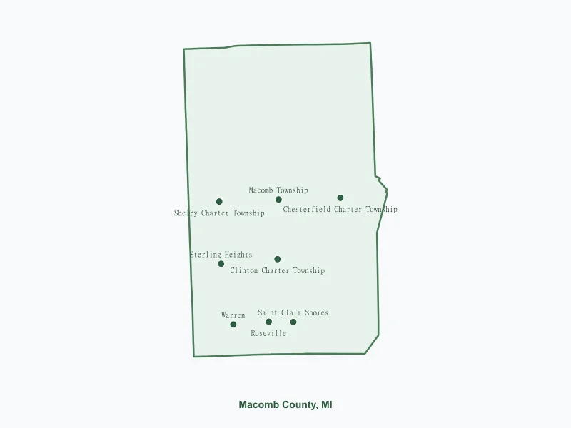 Map of Macomb County, MI showing major cities