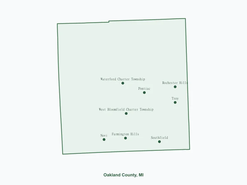 Map of Oakland County, MI showing major cities