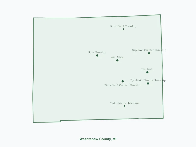 Map of Washtenaw County, MI showing major cities